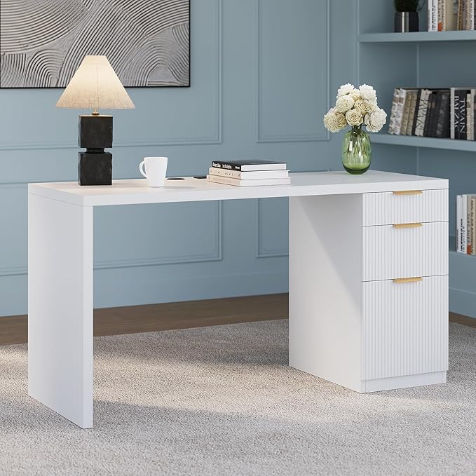 FURSUN 58" Modern Executive Desk with Storage, Home Office Desk with Drawer & Cabinet, Wooden Fluted Desk for Study, Living Room, Bedroom, White
