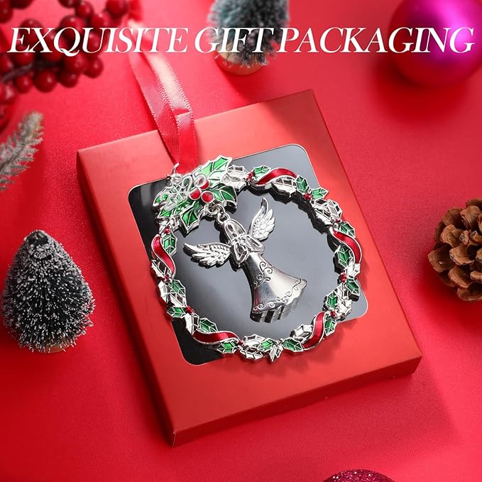 Angel Ornament 2025 for Xmas Tree Decorations Metal Christmas Wreath with Praying Angel Ornaments Silver Decorative Hanging Pendant Holiday Keepsake Gift