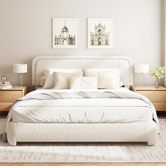 King Size Boucle Bed Frame, Cloud Upholstered Platform Bed with Height Adjustable Headboard & Soft Rounded Corners, No Box Spring Needed, Noise Free, Easy Assembly, Beige