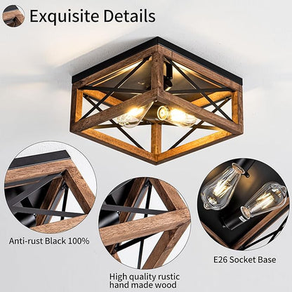 Flush Mount Ceiling Light Fixture for Kitchen Hallway, 2-Light Close to Ceiling Light with Black Metal and Wood Design, Rustic Farmhouse Ceiling (Bulb not Included)