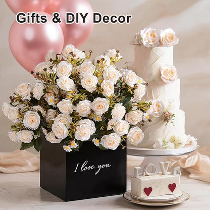 Artificial Rose Flowers for Outdoor 4 Bundles Rose Bouquet with Daisy Faux Flowers UV Resistant for Home Indoor Outside Garden Porch Window Box Balcony Yard Porch Decor (White)
