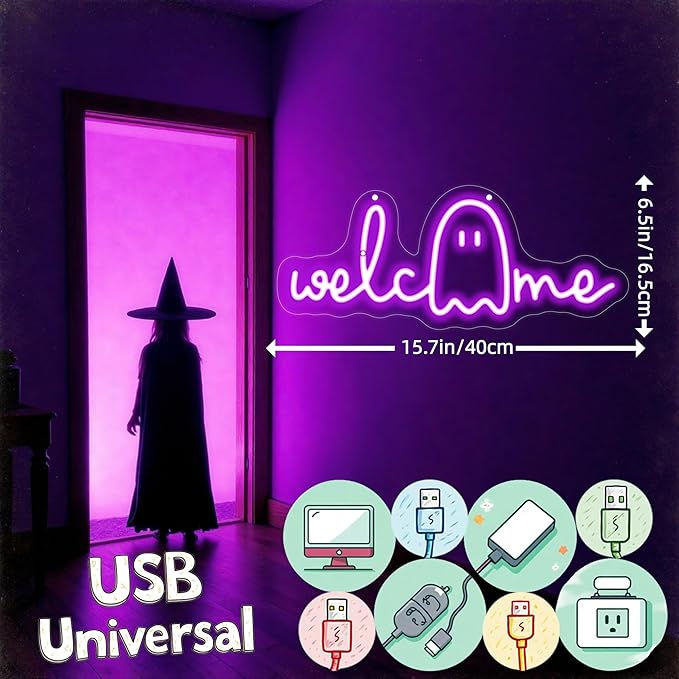 Welcome Ghouls Neon Sign, Spooky Ghost LED Halloween Decor, Haunted House Entryway Light, Available Gothic Haunted Mansion Light for Bedroom Bar Cave Room Decor Party Home-Purple