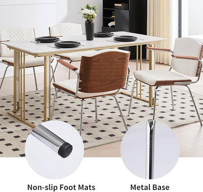 Dining Chairs Set of 2, Mid-Century Modern PU Leather Upholstered Chairs with Walnut Bentwood Backrest and Silver Metal Legs for Kitchen Dining Room Home Office,