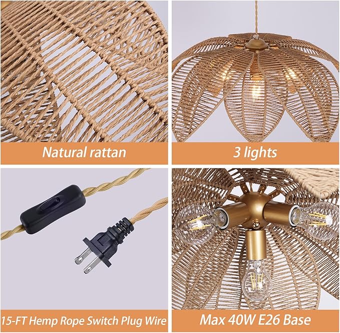 Rattan Plug in Pendant Light with 15FT Hemp Rope Cord Boho Light Fixture Can accommodate 3*E26 Bulbs of Woven Wicker Chandelier for Living Room Bedroom Dinning