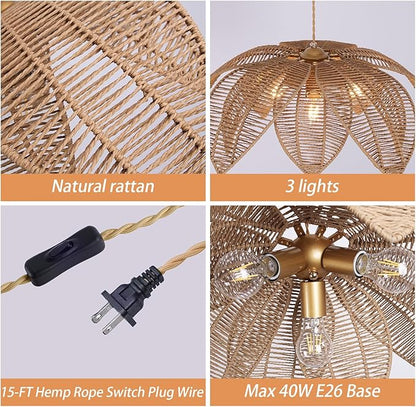 Rattan Plug in Pendant Light with 15FT Hemp Rope Cord Boho Light Fixture Can accommodate 3*E26 Bulbs of Woven Wicker Chandelier for Living Room Bedroom Dinning