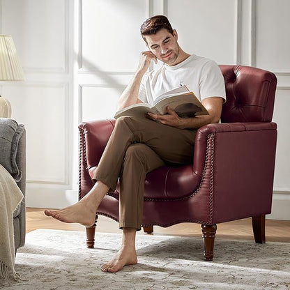 HULALA HOME Mid Century Modern Leather Club Chairs, Top-Grain Genuine Leather Armchairs with Button-Tufted Back & Solid Wood Legs, Accent Chairs for Living Room/Bedroom/Home Office, Burgundy