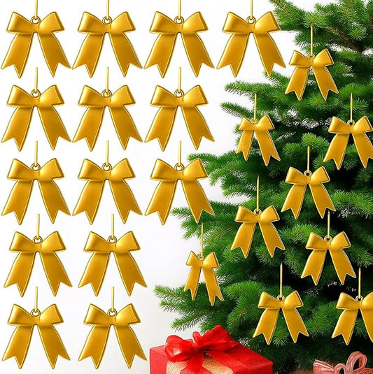 12 Pcs 2025 Christmas Metal Bow Ornaments Bulk for Christmas Tree Garland Wreath Fireplace Vintage Gold Bow Ornaments Indoor Outdoor Home Xmas Party Decorations