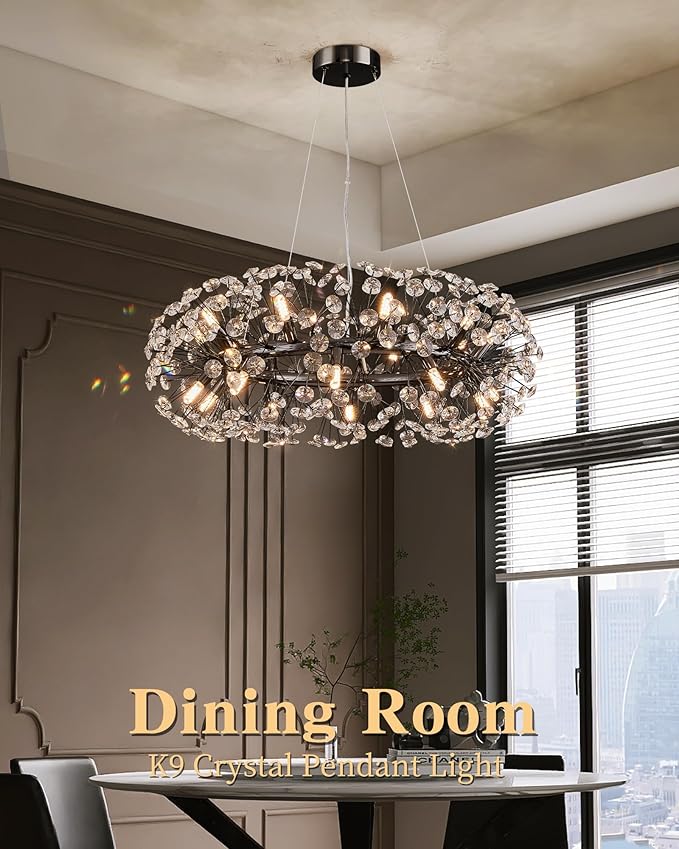 Modern Firework Chandelier, Farmhouse Black Crystal Round Dandelion Sputnik Chandeliers, 31.5" Contemporary 20-Light Pendant Hanging Lighting for Dining Room Kitchen Bedroom Living Room