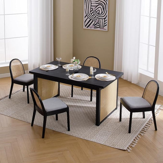 Mid Century Dining Chairs Set of 4, Rattan Side Chairs Linen Fabric Kitchen Chair with Solid Wooden Legs for Living Room Dining Room, Grey