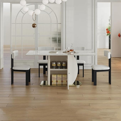 Montary 63" Modern 4-6 Person Dining Table with Storage Cabinet, Artificial Marble Dining Table with Sintered Stone Tabletop & Golden Solid Wood Base, Includes 4 White Velvet Chairs for Kitchen