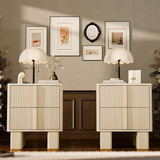Fluted Night Stand set 2 with Charging Station, 22" Tall END Table with 2 Large Storage Drawers and 2 widened reinforced legs, Modern Bedside Table for Bedroom, Living room, Whitewashed Oak, 2