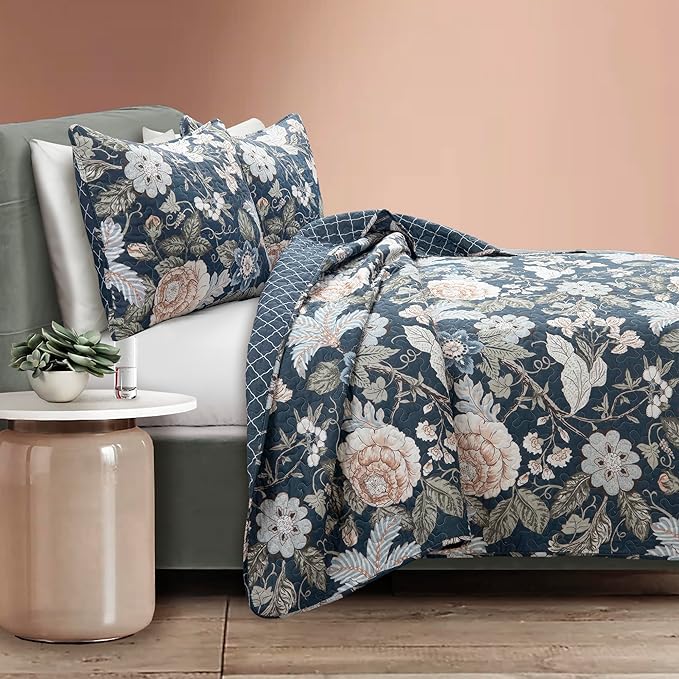Lush Decor Sydney Reversible Cotton Quilt Set Queen 3 Piece Bedding, Navy Multi