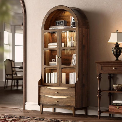 STO'SENSE 73" Tall Arched Bookshelf with LED Lights,4-Tier Modern Farmhouse Arched Bookcase with Glass Doors and Shelves,Wooden Display Cabinet with 2 Drawers for Living Room, Dining Room (Walnut)