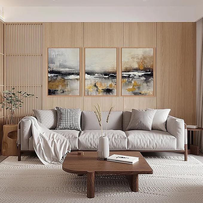 HOURIA Abstract Neutral Brown Tan Canvas Framed Wall Art Set,Textured Grunge Beige Wall Decor,Minimalist Black White Brush Stroke Artwork,Pastel Minimal Zen Print for Living Room,Bedroom-16 x24 x3