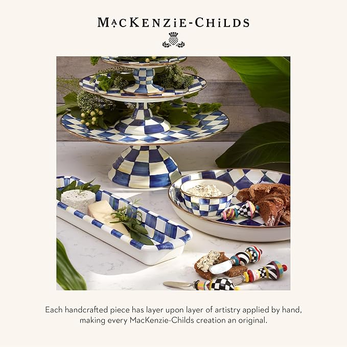 MACKENZIE-CHILDS Enamel Pedestal Platter, Round Cake Stand, Large, Blue-and-White Royal Check