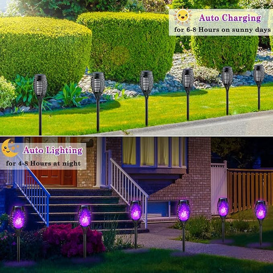 Purple Solar Halloween Lights for Halloween Decorations Outdoor, Solar Torch Lights Flickering Flame for Yard Decorations Outdoor, Waterproof LED Torch Light for Garden Pathway Party Outside Decor