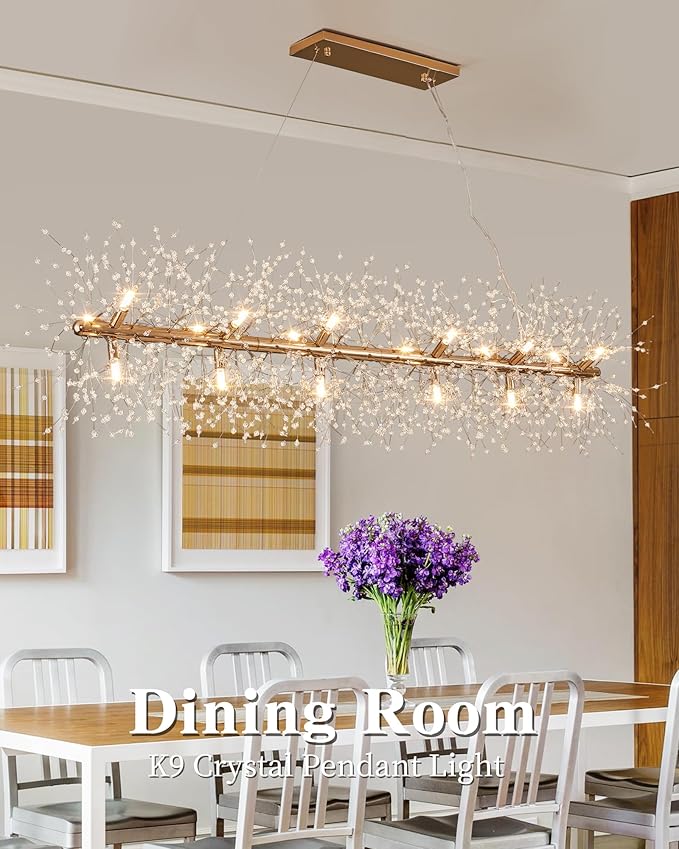 Modern 59" Modern Gold Crystal Firework Chandelier, 18-Light Pendant Light Fixture, Rectangle Linear Sputnik Dandelion Chandeliers for Dining Room Kitchen Living Room