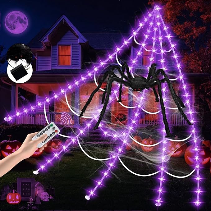 Halloween Decorations Outdoor, Spider Web Lights 250 LED Lighted Spider Web 16.4Ft Giant Halloween Decorations Light up, 8 Lighting Modes Waterproof & Timer for Indoor House Haunted Yard Decor, Purple