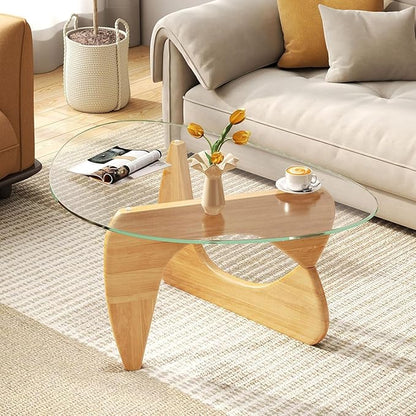 Mid Century Modern Glass Coffee Table, Small Coffee Table for Living Room, Elegant and Functional Coffee Tables, Suitable for Bedroom Living Room Reception Office Tables（Wood/Transparent，Medium）