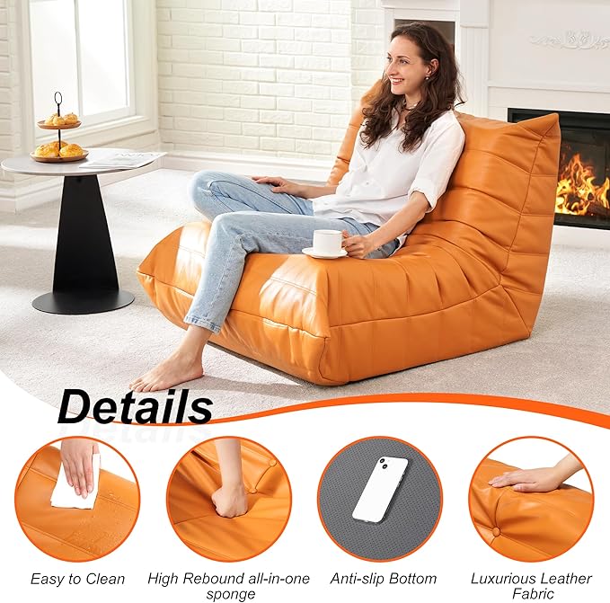Hobestluk Giant Bean Bag Chair Lazy Floor Sofa, Fireside Sofa for Adults, Big Beanbag Faux Leather Armless Chair for Living Room Bedroom Dorm Office (Orange, Single)