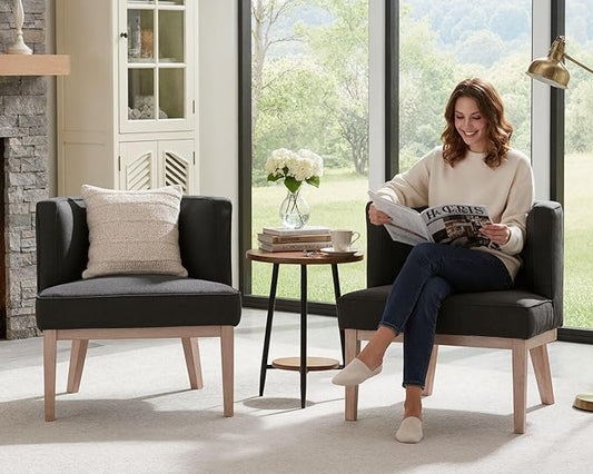 Barrel Chairs Set of 2 Mid Century Modern Accent Chair with Wooden Legs Upholstered Reading Arm Linen Fabric Waiting Room Round Side Chairs for Small Spaces Living Room Bedroom Office, Charcoal