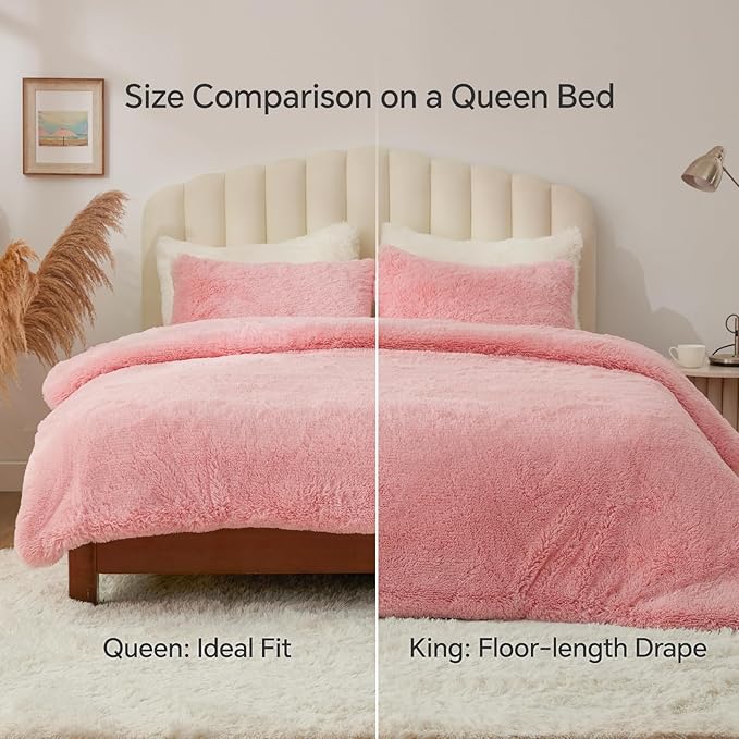 BEDELITE Pink Fluffy Comforter Set Twin Size, Fuzzy Faux Fur Comforter Bedding Set, 2Pieces Soft Warm Shaggy Bed Set (1 Comforter & 1 Pillowcase) as Gifts for Women