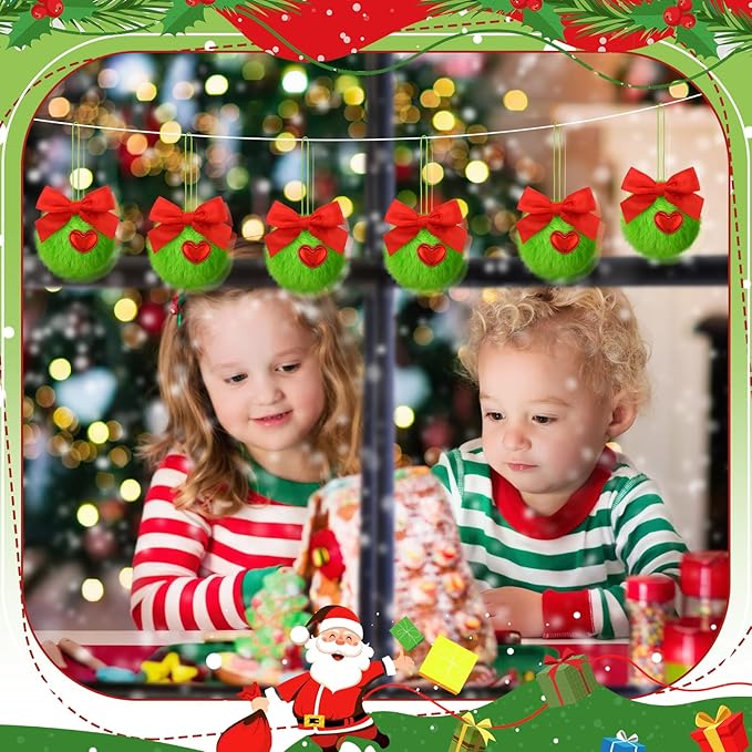 Gejoy 12 Pcs Lime Green Furry Christmas Ball Ornaments with Red Bow for Tree Green Christmas Hanging Decorations Soft Faux Fur Pom Pom Ball Ornaments for Home Party Supply Fireplace Mantel Wall Decor