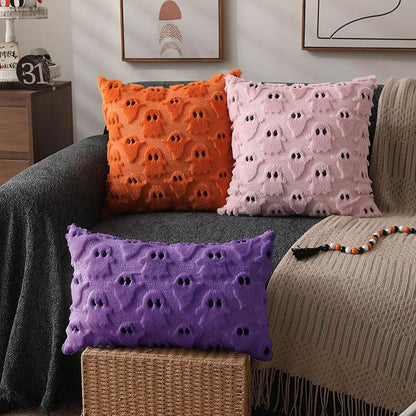 DFXSZ Halloween Pillow Covers 12x20 inch Set of 2 Purple Ghost Throw Pillow Cases Soft Plush Faux Fur Wool Cushion Case for Chair Bedroom Living Room Home Decor PTK03E12