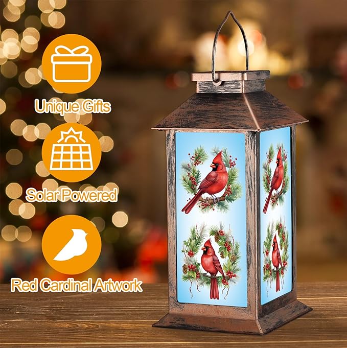 Solar Lanterns with Cardinal Theme Outdoor Waterproof Decorative Lights for Garden Birthday Gifts for Women, Mom, and Grandma Solar LED Hanging Lights for Yard, Patio, Lawn, and Porch(Floral Hoop)