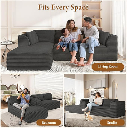 Vesgantti 106" Boneless Couch with Chaise, Deep Seat Comfy Cloud Modular Sofa Corduroy Sectional Couches for Living Room Bedroom, No Assembly Required (Grey, Left-Facing Chaise)