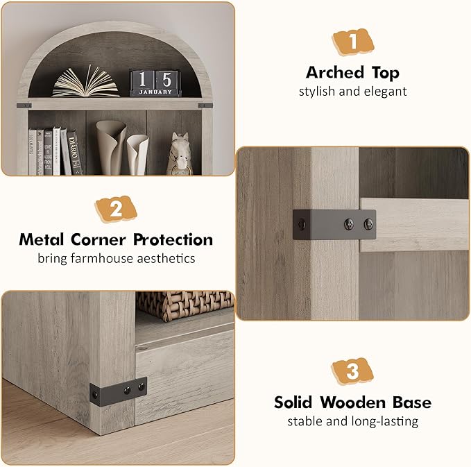 GarveeHome Bookcase 5 Shelf Arched Bookshelf 71.65 in Tall Bookcase Farmhouse Display Storage Rack Wooden Bookshelves for Home Office, Living Room (Rustic Gray)