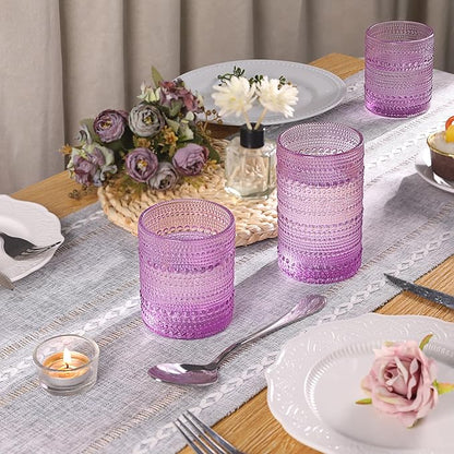 Purple Hobnail Glasses Drinking Set of 4, 12 oz Cocktail Glasses, Purple Vintage Glassware for Beer, Cocktail, Soda, Juice, Coffee and Various Mixed Drinks