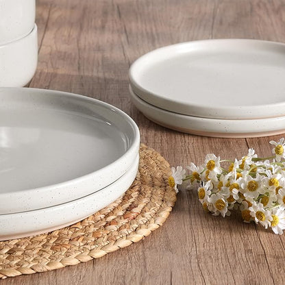 HaWare Stoneware Dinnerware Sets, 24-Piece Plates and Bowls Set for 8, Dishes Set for Home Restaurant, Speckled Milky White