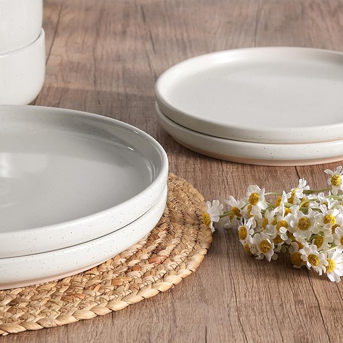 HaWare Stoneware Dinnerware Sets, 6-Piece Plates and Bowls Set for 2, Dishes Set for Home Restaurant, Speckled Milky White