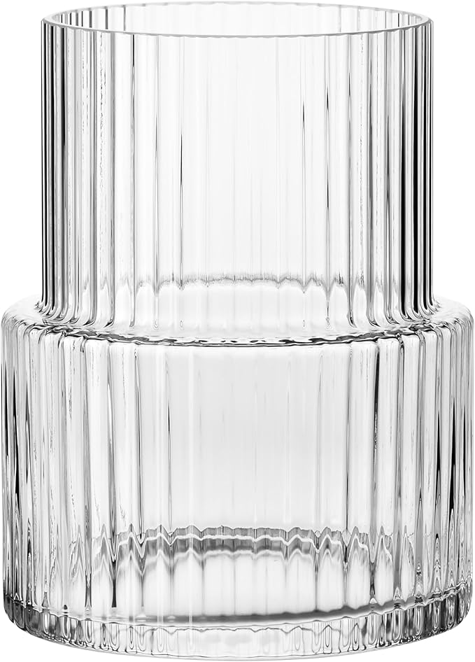 KROSNO Ribbed Flower Modern Japandi Decor Vase, 7,8 x 6,2 inch, Perfect for Home and Restaurants, Dishwasher Safe, Crystalline Glass, Lead-Free