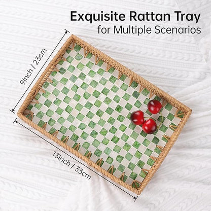 Rectangle Rattan Tray with Mother of Pearl Inlay, Rattan Serving Tray with Handle for Coffee, Bread, Fruits, Decorative Wicker Tray for Table Decor (Rectangle Green Checkerboard, 13"×9")