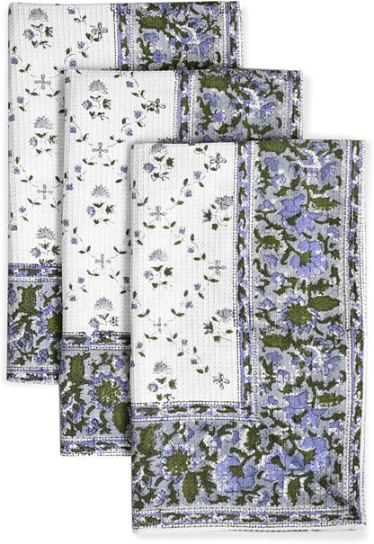 Ridhi Powder Blue Hand Block Print Waffle Kitchen Towel Set of 3-16 x28 Ultra Absorbent Quick Dry 100% Cotton Dish Towels Lightweight Reusable Sustainable Tea Towels for Cleaning and Drying