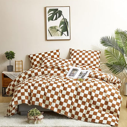 CLOTHKNOW Brown Beige Plaid King Size Comforter Set 3Pcs Grid Bedding Comforter Sets Soft All Season Checker Caramel Comforter with 2 x Pillow Cases