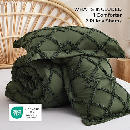 Bedsure Boho Comforter Set Queen - Olive Green Tufted Queen Size Comforter, 3 Pieces Farmhouse Shabby Chic Embroidery Bed Set, Soft Fluffy Geometric Pattern Bedding for All Seasons