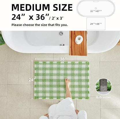Waffle Bath Mat, Boho Bathroom Rugs Non Slip Washable Absorbent Checkered Bathroom Mat Quick Dry Cute Bath Mat, 36"x24" Green and White