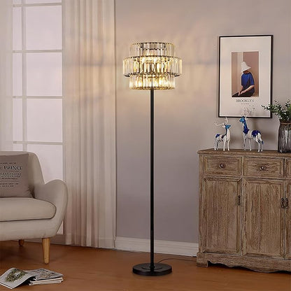 Wellmet Black Floor Lamp for Living Room, 6 Lights Modern Crystal Standing Lamp, Tall Elegant Floor Lamp with Foot Switch for Office, Reading Room, Bedroom, Dining Room(E12 Base)