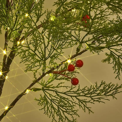 Fudios Lighted Pine Garland with Timer Red Berry Decor 80 LED 6FT Battery Operated USB Plug in,Lit Christmas Garland Cypress Leaves Lights for Home Mantle Inside