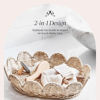 BEBE BASK The Original Scalloped Basket Set Of 2 – Small Scallop Basket - 15 x 10 x 6 In - Hand-Woven & Award-Winning - Elegant Wicker With Scalloped Edge Lid - Nursery Storage - (Natural)