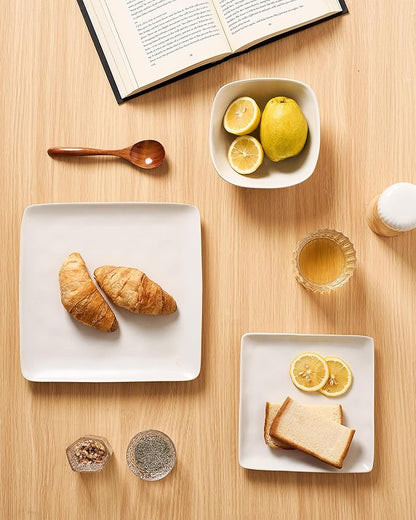 Famiware Dinnerware Sets for 8, Ocean Square 24-Piece Kitchen Plates and Bowls Sets, Microwave and Dishwasher Safe, Scratch Resistant, Matte White