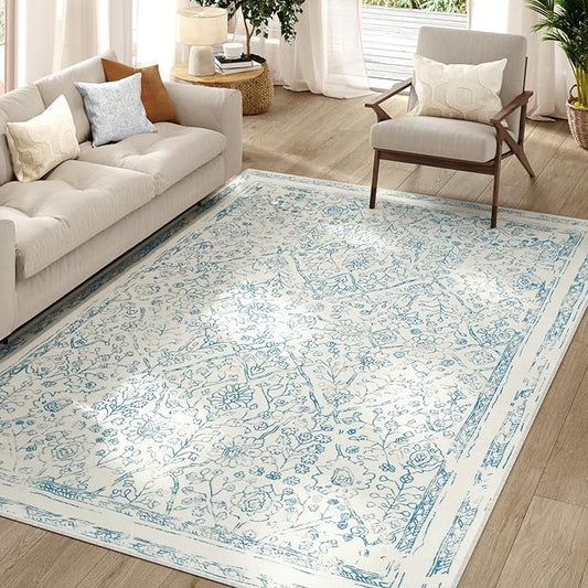 jinchan Vintage Floral Washable Area Rug 6x9 Distressed Faux Wool, Blue