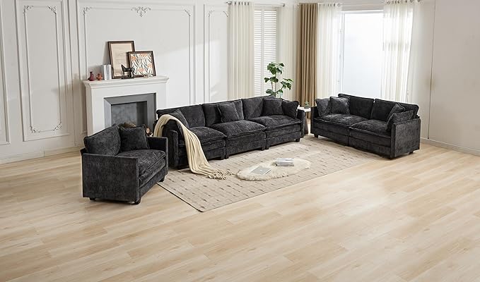 SoarFlash 107.4" Chenille Sectional Sofa, Comfy Modular Loveseat Sofa, Modern 3-Seat Couch Deep Seat Sofa Set for Living Room,Black