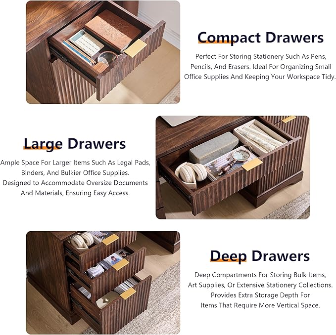 JXQTLINGMU 58" Modern Executive Desk with Storage, Wood Home Office Desk with 5 Drawers & 1 Cabinet, Fluted Computer Writing Desk for Study, Living Room, Bedroom, Dark Walnut