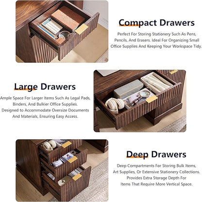 JXQTLINGMU 58" Modern Executive Desk with Storage, Wood Home Office Desk with 5 Drawers & 1 Cabinet, Fluted Computer Writing Desk for Study, Living Room, Bedroom, Dark Walnut