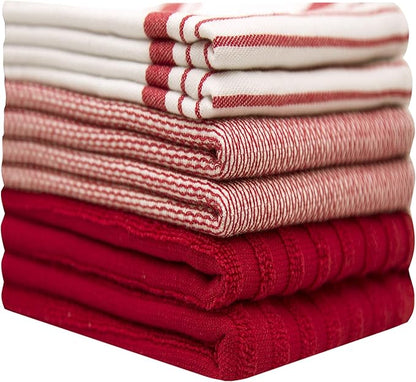 Premium Kitchen Towels 6 Pack Large Cotton Flat Terry Absorbent Tea Towels with Hanging Loop Red Striped 20x28