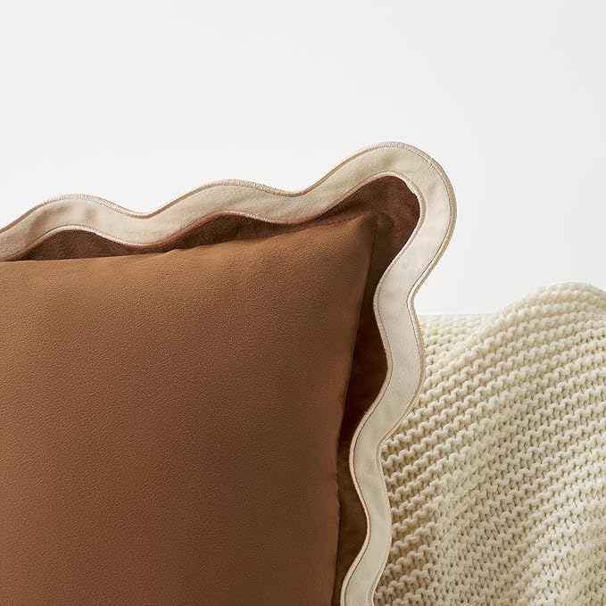 MONDAY MOOSE Decorative Throw Pillow Covers Cushion Cases, Set of 2 Soft Velvet Scalloped Wavy Edge Designs, Mix and Match for Home Decor, Pillow Inserts Not Included (Beige/Brown, 16x16 inch)